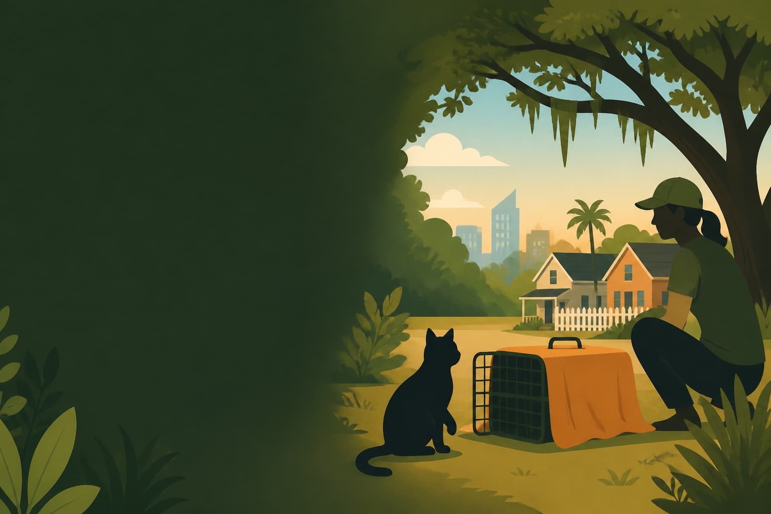 A simple cartoon illustration of a community cat near a humane trap in a Jacksonville neighborhood.